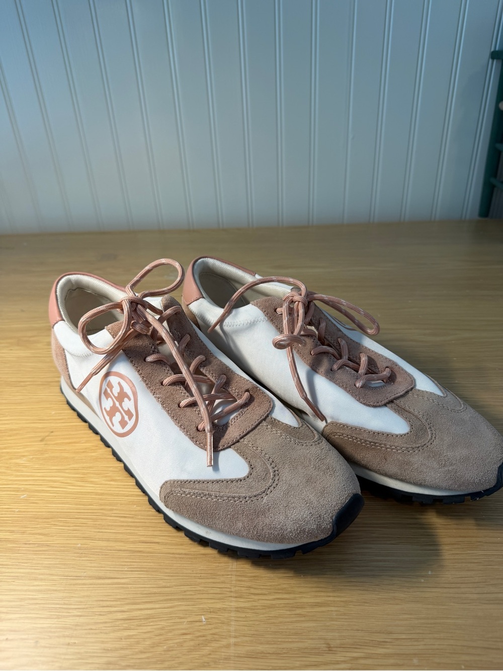 Tory Burch Pink Beige & White Suede Lace-Up Sneakers